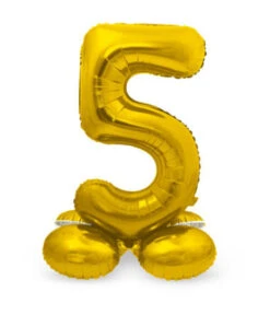 Goudkleurig Folieballon Cijfer 5 Op Standaard (72 Cm)