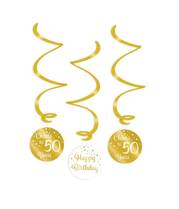 Hangdecoratie Swirls 50 Jaar Goud/Wit (3st) 3 Hangdecoratie Swirls 50 Jaar Goud/Wit (3st)