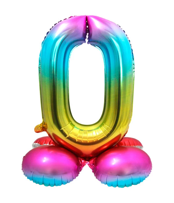Regenboog Folieballon Cijfer 0 Op Standaard - 72cm 3 Regenboog Folieballon Cijfer 0 Op Standaard - 72cm